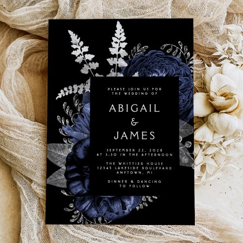 Elegant Moody Dark Floral Navy Blue Silver Wedding Foil Invitation