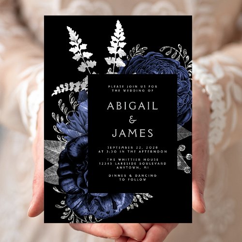 Elegant Moody Dark Floral Navy Blue Silver Wedding Invitation