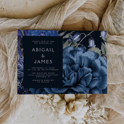 Elegant Moody Dark Floral Navy Blue Silver Wedding Invitation