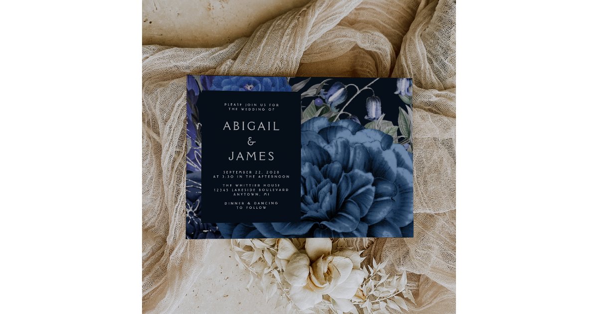 Elegant Moody Dark Floral Navy Blue Silver Wedding Invitation | Zazzle