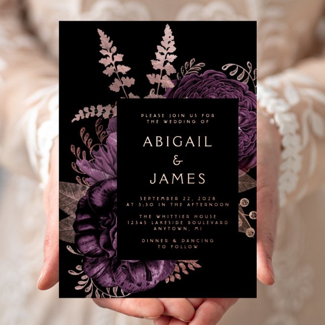 Elegant Moody Dark Floral Purple Rose Gold Wedding Foil Invitation (Creator Uploaded)