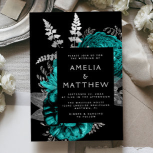 Elegant Moody Dark Floral Teal Silver Wedding Foil Invitation
