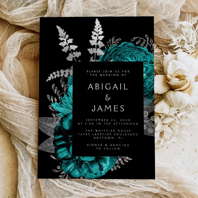 Elegant Moody Dark Floral Teal Silver Wedding Foil Invitation (Creator Uploaded)