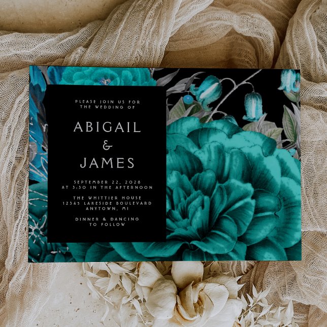Elegant Moody Dark Floral Teal Silver Wedding Invitation (The perfect choice for a romantic turquoise and silver themed wedding.)