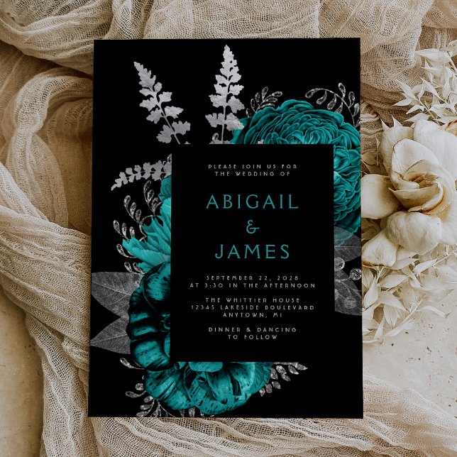 Elegant Moody Dark Floral Teal Silver Wedding Invitation (Creator Uploaded)