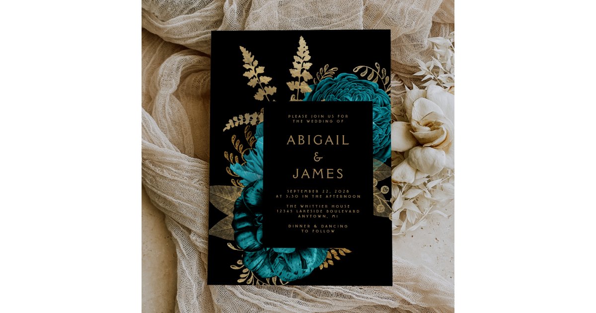 Elegant Moody Dark Floral Turquoise Gold Wedding Invitation | Zazzle