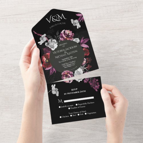Elegant Moody Dark Purple Floral Wedding All In One Invitation