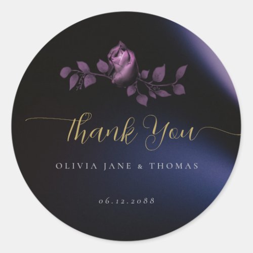 Elegant Moody Dark Purple Floral Wedding Thank You Classic Round Sticker