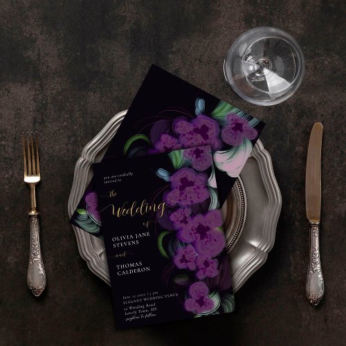 Elegant Moody Dark Purple Orchids Bouquet Wedding Invitation