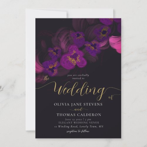 Elegant Moody Dark Purple Orchids Floral Wedding Invitation