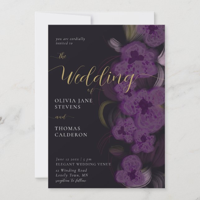 Elegant Moody Dark Purple Orchids Wreath Wedding Invitation (Front)