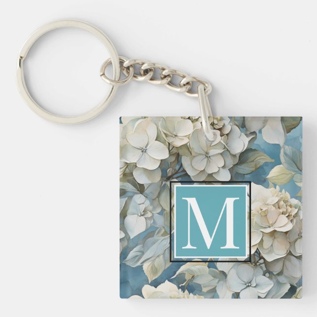 Elegant moody dusty blue watercolor florals keychain (Front)