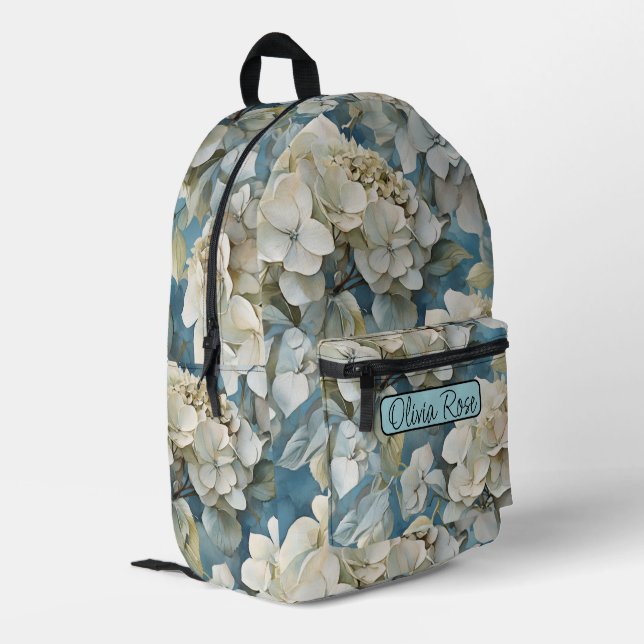 Elegant moody dusty blue watercolor florals printed backpack (Back Corner Left)