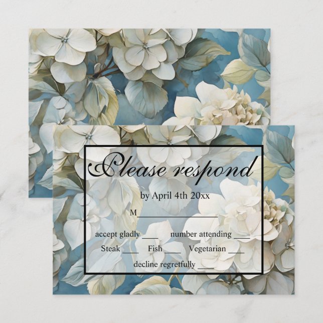 Elegant moody dusty blue watercolor florals RSVP card (Front/Back)