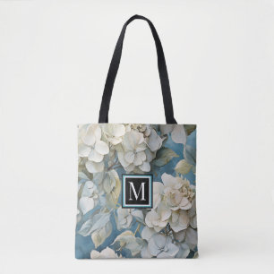 Elegant moody dusty blue watercolor florals tote bag