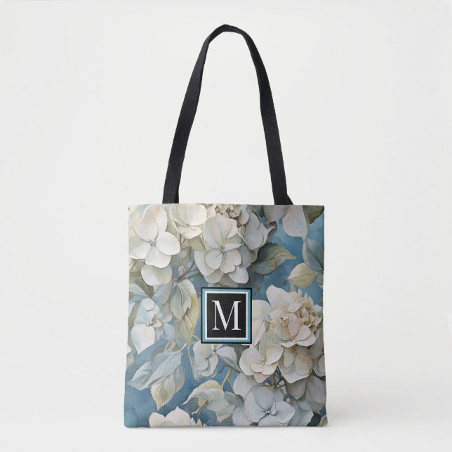 Elegant moody dusty blue watercolor florals tote bag (Front)
