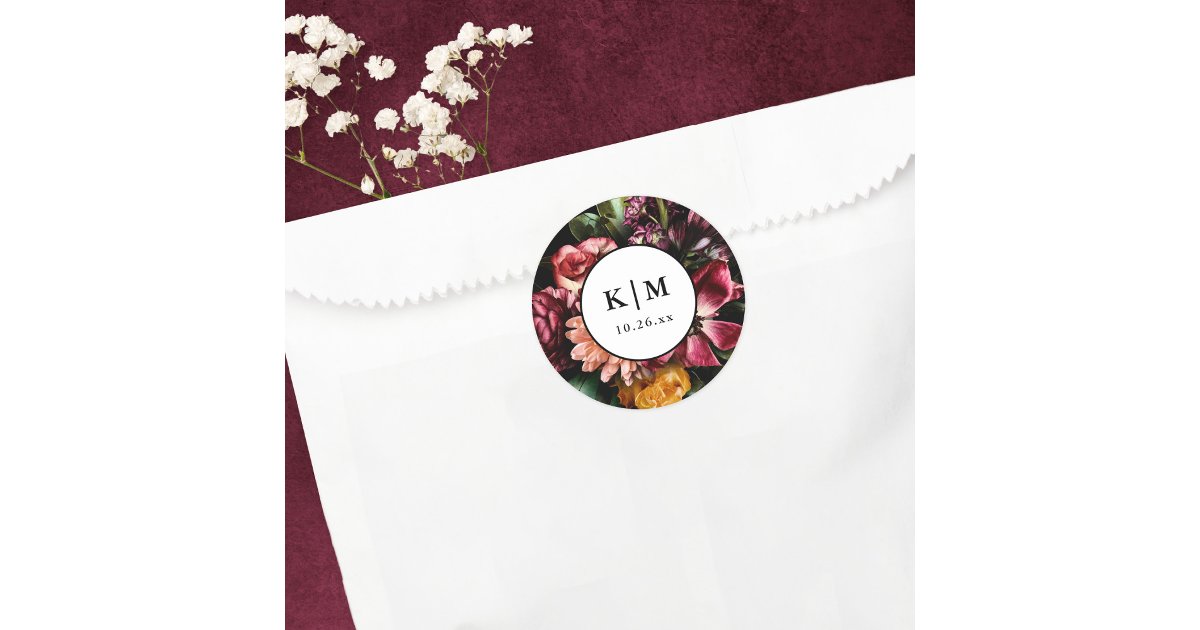 Elegant + Moody Floral Black Wedding Classic Round Sticker | Zazzle