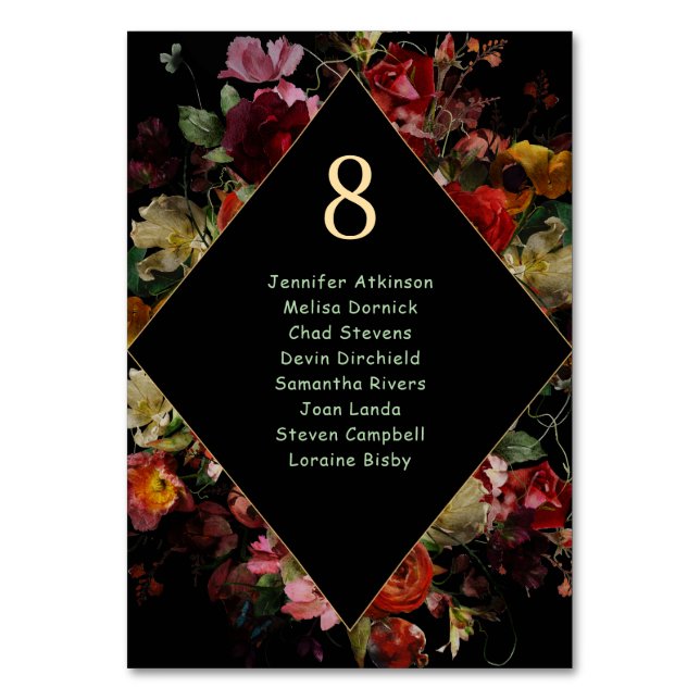 Elegant moody floral black wedding seating  table number (Front)