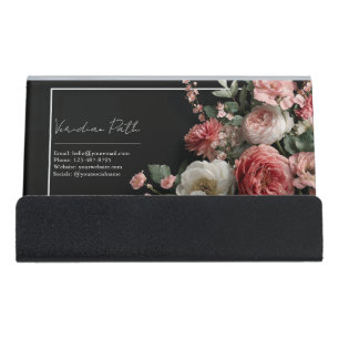 Elegant Moody Floral Pink Peony Desk Business Card Holder
