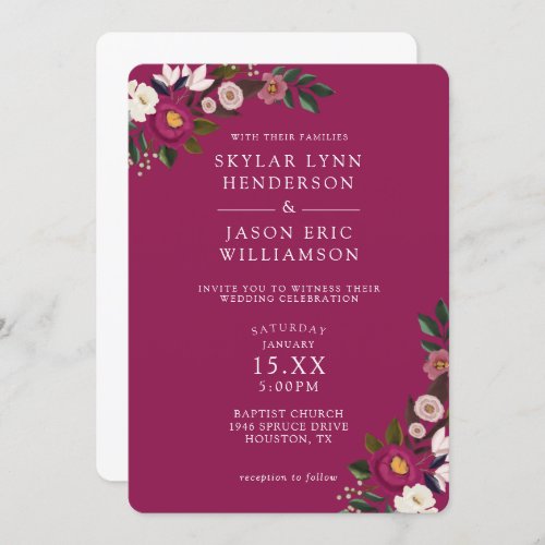 Elegant Moody Floral Watercolor Burgundy Wedding Invitation