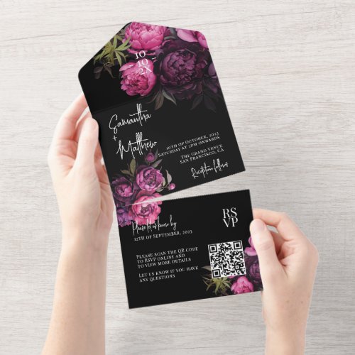 Elegant Moody Florals Black Wedding QR Code All In One Invitation
