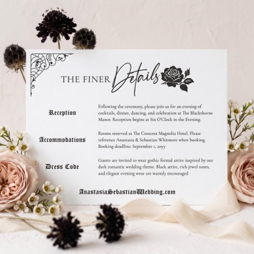 Elegant Moody Gothic Floral Rose Wedding Details Letterpress Enclosure Card