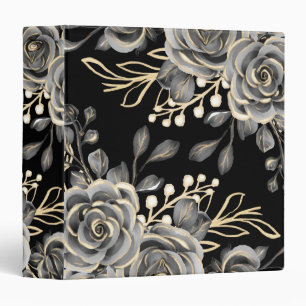 Elegant Moody Grey Floral Gold Trim Watercolor 3 Ring Binder