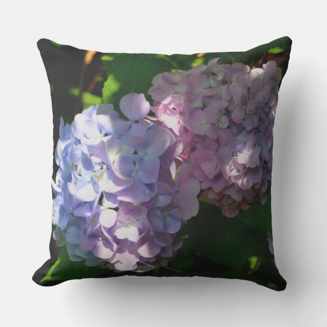 Elegant moody hydrangeas pink blue purple floral  outdoor pillow (Front)