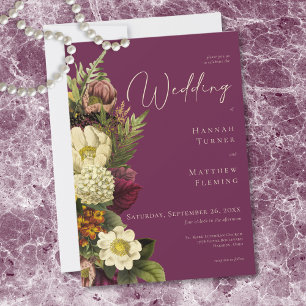 Elegant Moody Jewel Vintage Floral Wine Wedding Invitation