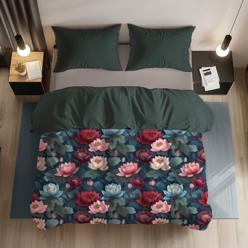 Elegant Moody Modern Lotus Flower Pattern Duvet Cover