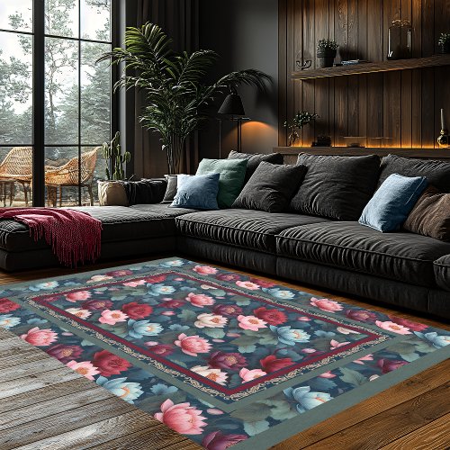 Elegant Moody Modern Lotus Flower Pattern Rug