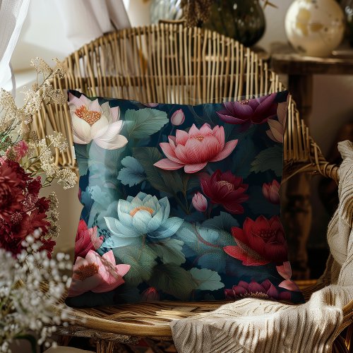 Elegant Moody Modern Lotus Flower Pattern Throw Pillow