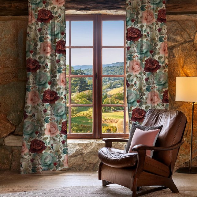 Elegant Moody Modern Rose Floral Pattern Sheer Curtains (Elegant Moody Modern Rose Floral Bouquets Maximalist Pattern - Teal | Blush | Mint | Dusky Wine Red)