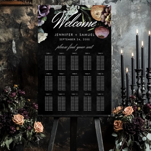 Elegant Moody Muted Pastel Floral Wedding Seating Foam Board (Elegant Moody Twilight Muted Pastel Wedding Seating Chart)
