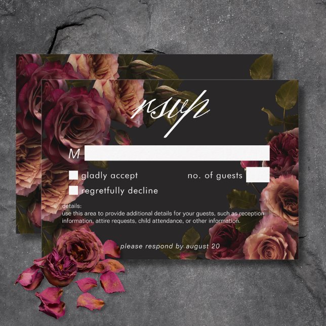 Elegant Moody Muted Rust Burgundy Floral No Dinner RSVP Card (Elegant Moody Muted Rust Burgundy Floral No Dinner RSVP Card)