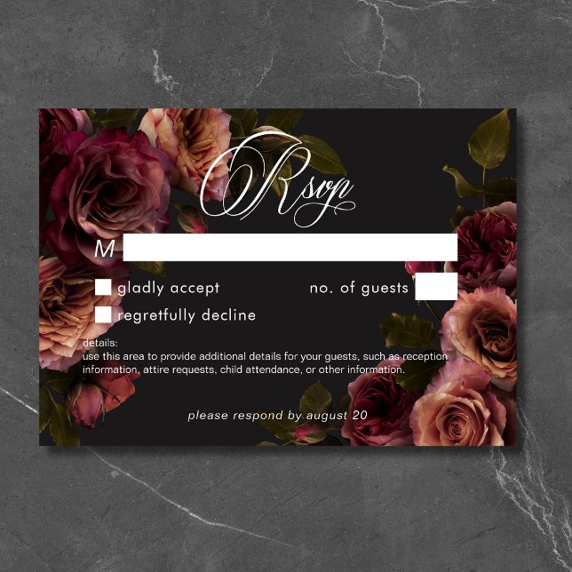 Elegant Moody Muted Rust Burgundy Floral No Dinner RSVP Card (Elegant Moody Muted Rust Burgundy Floral No Dinner RSVP Card)