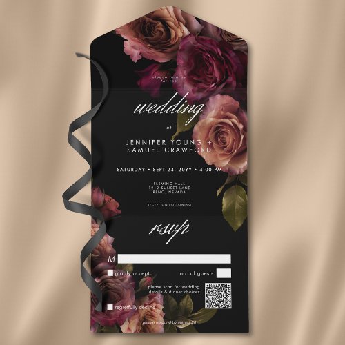 Elegant Moody Muted Rust  Burgundy Floral QR Code All In One Invitation