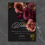 Elegant Moody Muted Rust & Burgundy Floral Wedding Invitation<br><div class="desc">Embrace timeless elegance for your gothic-inspired celebration with our captivating wedding invitation. A soft black background provides the perfect canvas for a captivating, yet understated bouquet. Imagine a corner arrangement of muted rose blooms, where soft rust blush and rich burgundy hues mingle with dark green foliage. This ethereal design exudes...</div>