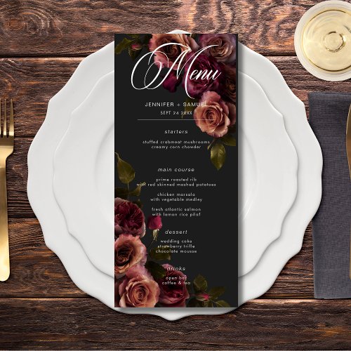 Elegant Moody Muted Rust & Burgundy Floral Wedding Menu