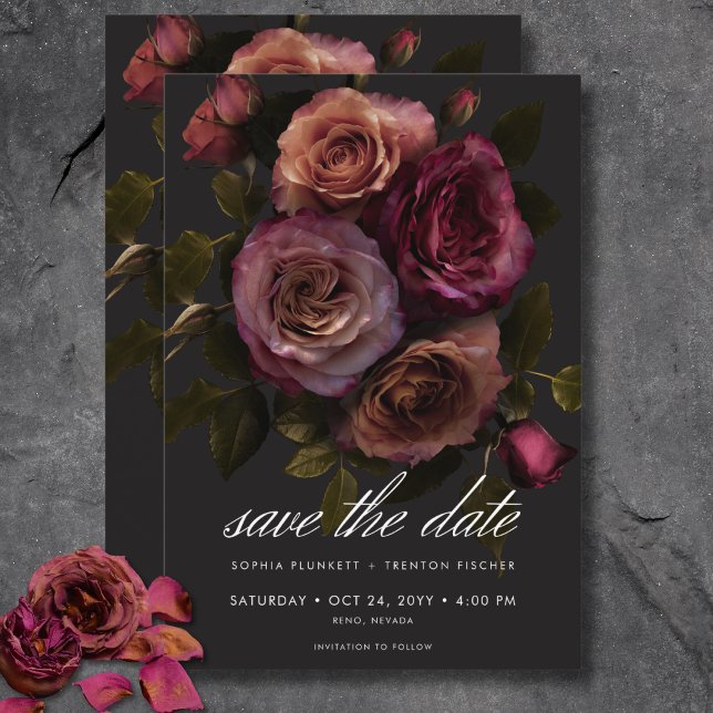 Elegant Moody Muted Rust & Burgundy Floral Wedding Save The Date (Elegant Moody Muted Rust & Burgundy Floral Wedding Save The Date)