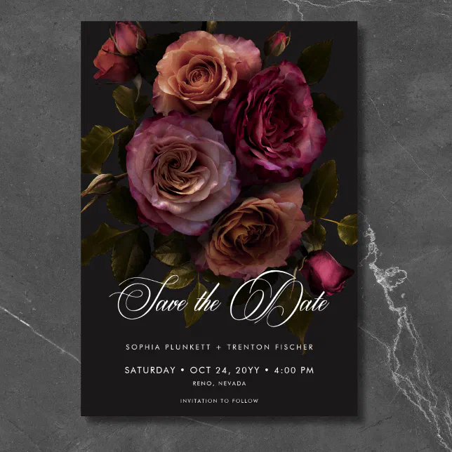 Elegant Moody Muted Rust & Burgundy Floral Wedding Save The Date | Zazzle