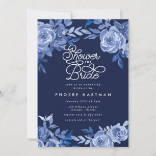 Elegant Moody Navy Blue Floral Bridal Shower Invitation