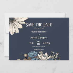 Elegant Moody Navy Blue Floral  Save The Date