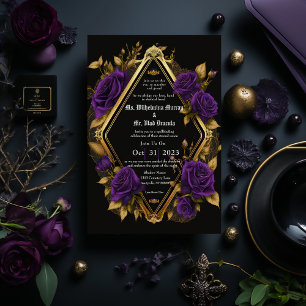 Elegant Moody Purple & Gold Gothic Wedding Invitation