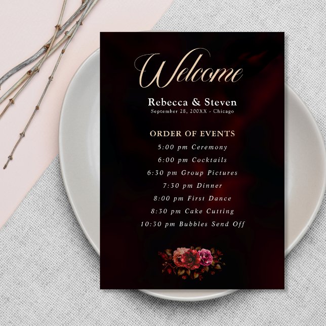 Elegant moody red black floral wedding  program (Creator Uploaded)