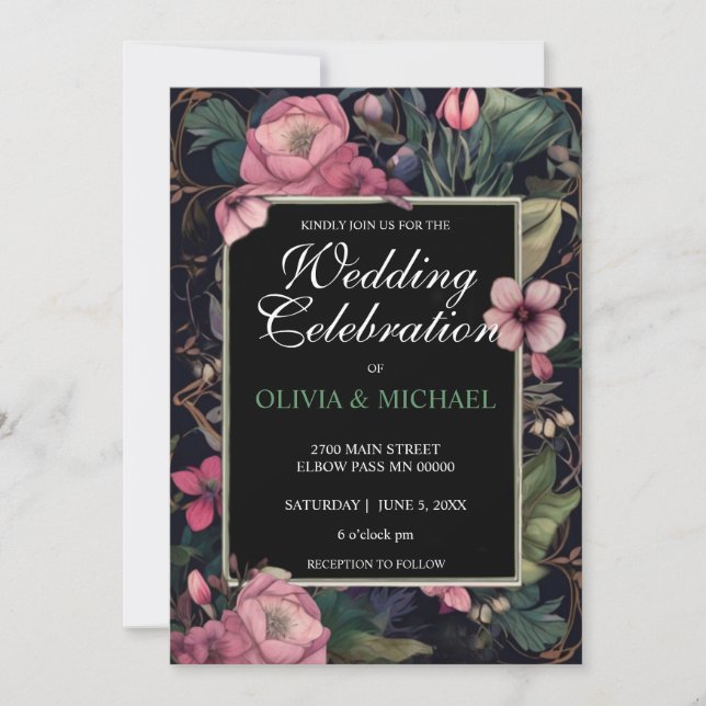 Elegant moody retro pink floral boho Wedding Invitation (Front)