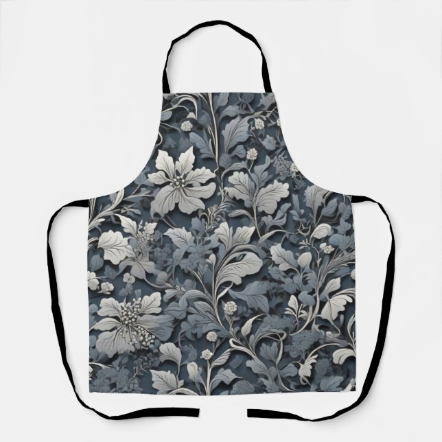 Elegant moody silver white gray floral apron (Front)