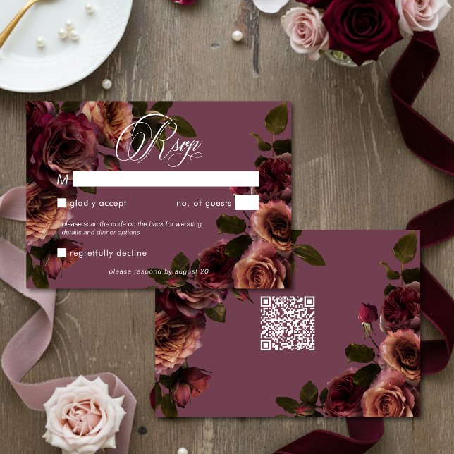 Elegant Moody Soft Rust & Burgundy Floral QR Code RSVP Card (Creator Uploaded)