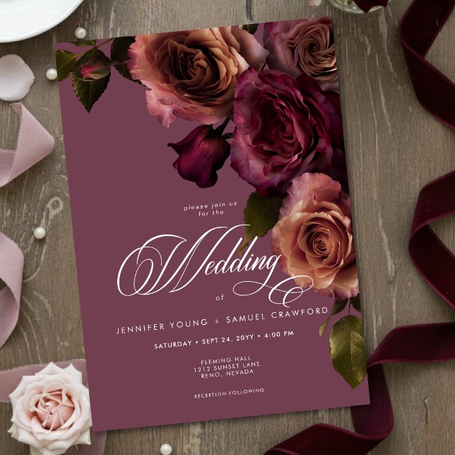 Elegant Moody Soft Rust & Burgundy Floral Wedding Invitation (Creator Uploaded)