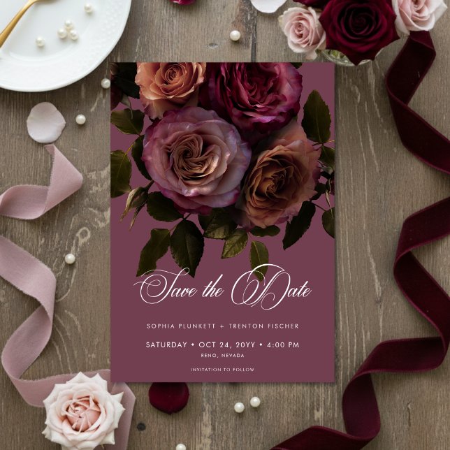 Elegant Moody Soft Rust & Burgundy Floral Wedding Save The Date (Creator Uploaded)